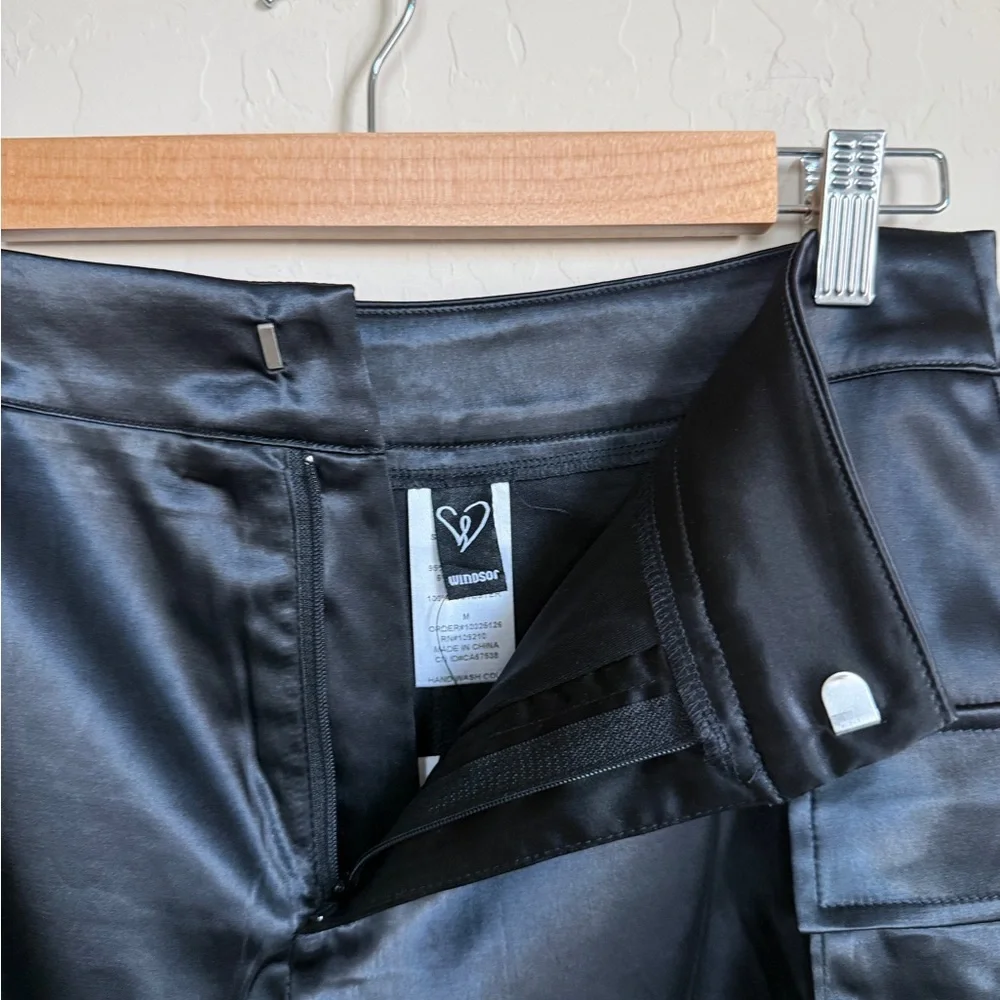 Windsor Black Satin Mini Skirt Cargo Utility Going Out Party Club Medium - Picture 3 of 9